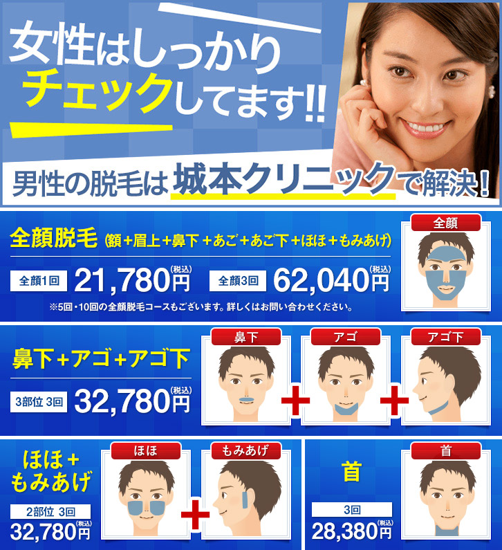 女性はしっかりチェックしてます!! 新コースが登場!男性の脱毛は城本クリニックで解決!
