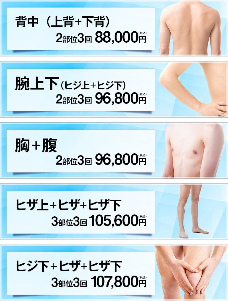 メンズ医療脱毛に新コースが登場!背中(上背+下背) 3回 80,000円 / 腕上下 3回 88,000円 / 胸+腹 3回 88,000円 / ヒザ上+ヒザ+ヒザ下 3回 96,000円 / ヒジ下+ヒザ+ヒザ下 3回 98,000円(すべて税別)